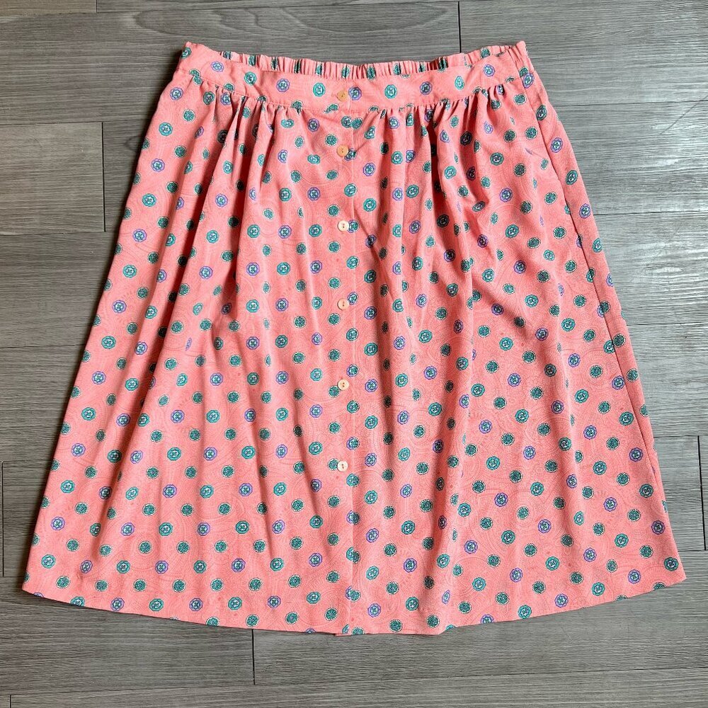 Vintage 80s Pink Patterned Button Down Skirt Elastic Waist Size Appeal Size 26W